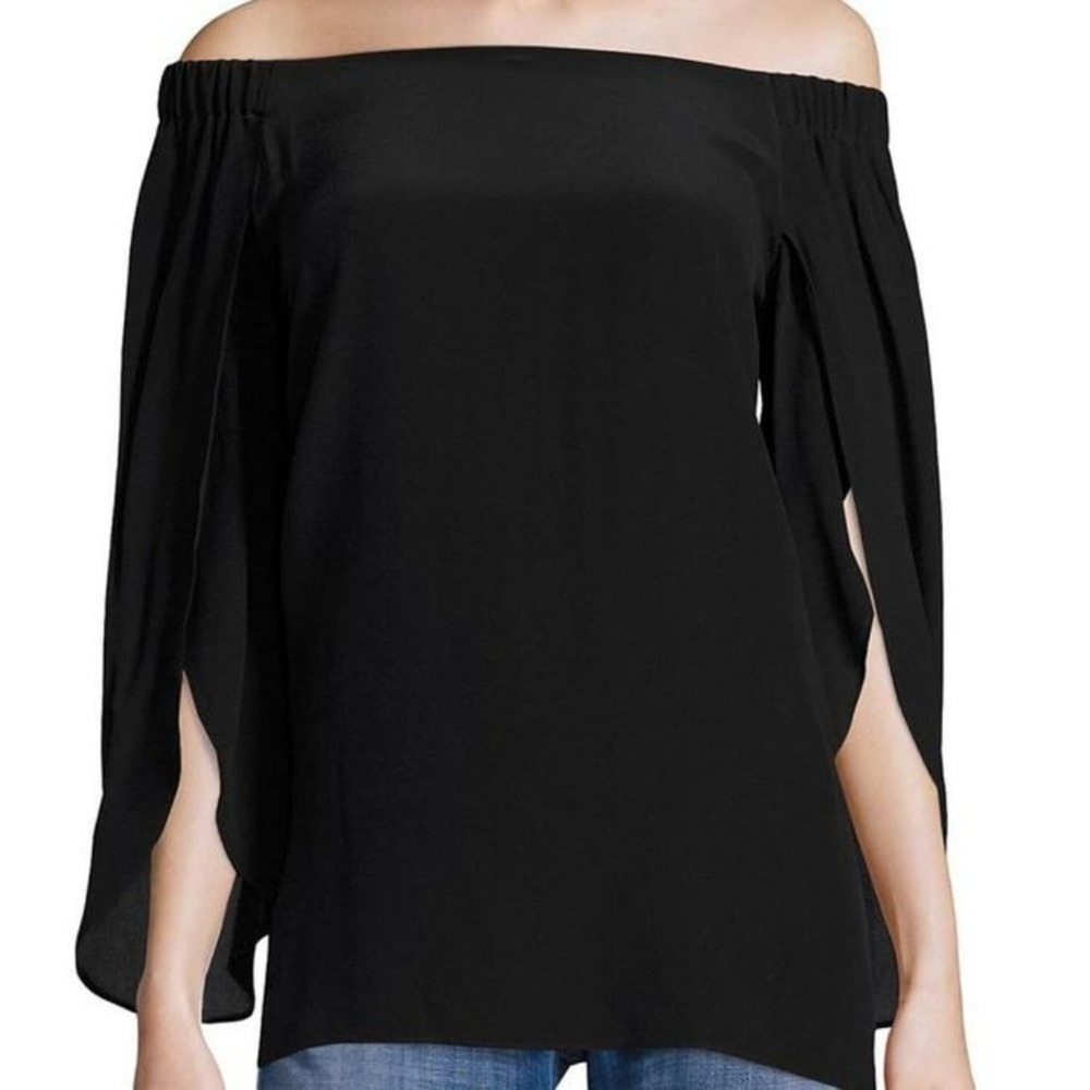 BAILEY/44 Trainspot Top Size S NEW Black Silk Off-Shoulder Split-Sleeve Blouse